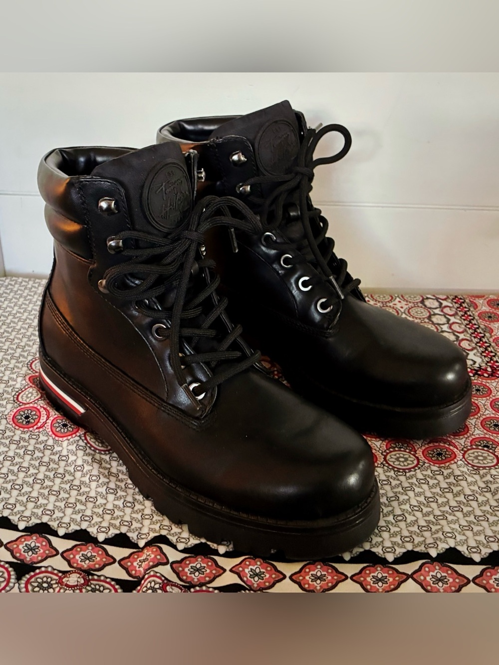 Tommy Hilfiger Women’s Melise Moto Black Leather Lace-Up Combat Boots